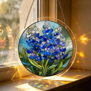 Round acrylic suncatcher window hanging with beautiful blue lupine flower stained glass decor