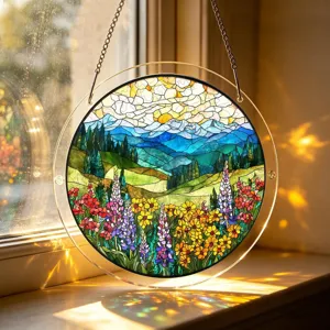 Acrylic stained glass window suncatcher detail, hanging landscape decor with chain.