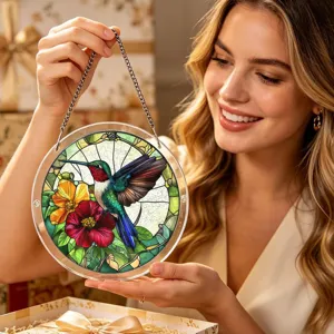 Acrylic hummingbird stained glass style suncatcher pendant with chain for window home decor
