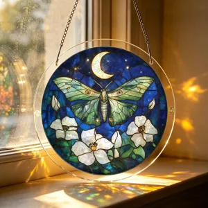 Detailed view of the circular acrylic stained glass suncatcher hanging by a sunny window.