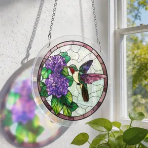Round acrylic hummingbird suncatcher window hanging decor with vibrant floral stained design.