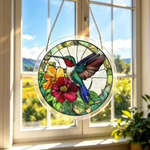 Detailed view of acrylic stained glass hummingbird window suncatcher hanging decor.