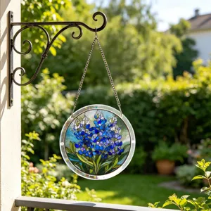 Acrylic sun catcher with blue lupine flowers, perfect window hanging decor for home garden.