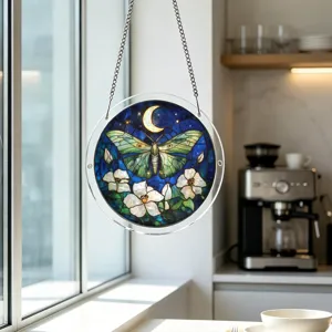 Stained glass style luna moth suncatcher window hanging detail view for home decor.