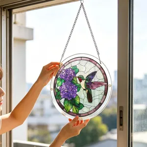 Acrylic suncatcher window hanging pendant with hummingbird and purple flower design for home decor.