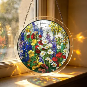 Circular stained glass style floral acrylic suncatcher window hanging decor with chain.