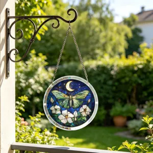 Outdoor acrylic suncatcher detail shot featuring a moth and moon design with hanging chain.
