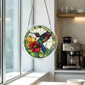Acrylic stained glass hummingbird window hanging suncatcher with metal chain for home decor.