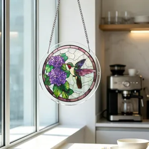 Stained acrylic suncatcher with hummingbird and floral pattern, window hanging decor.