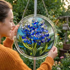 Acrylic suncatcher window hanging, stained glass style floral decor for home and garden.