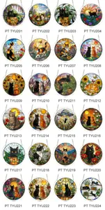 Detailed view of colorful stained glass style cat acrylic window hanging suncatcher ornaments.