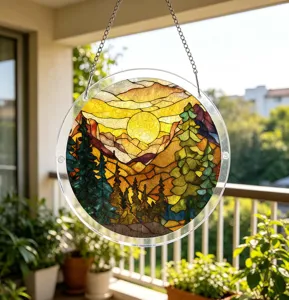 Acrylic puzzle suncatcher window hanging decor, circular stained landscape design with chain.