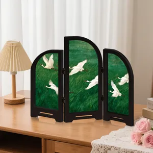 Mini folding screen Chinese style crane desktop decoration wooden frame acrylic artwork 3 panels