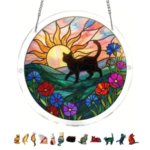 Stained glass cat suncatcher detail, acrylic hanging window decor with colorful landscape art.