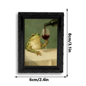 Mini vintage frog drinking wine photo frame magnet, funny retro art fridge sticker decor.