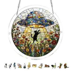 Stained glass acrylic cat suncatcher pendant, UFO abduction design, window hanging decoration.