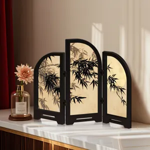 Mini folding screen desktop ornament with Chinese ink bamboo design, elegant tabletop decor.