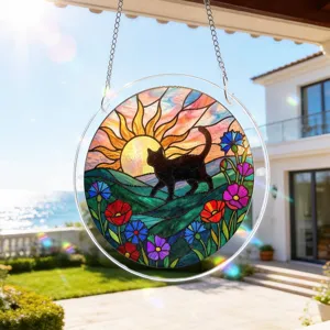 Acrylic stained glass cat suncatcher pendant window hanging decor for home outdoor garden view.