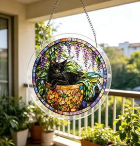 Acrylic black cat suncatcher window hanging pendant with vibrant stained glass style art.
