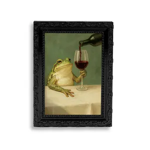 Vintage frog painting fridge magnet with ornate black frame, funny animal decor for kitchen.
