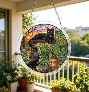 Stained glass style black cat acrylic suncatcher hanging window decor for home plant lovers.