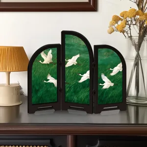 Chinese style mini acrylic folding screen desktop ornament with elegant crane art decor for home.