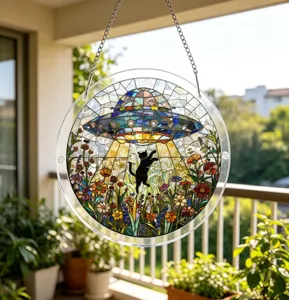 Stained glass acrylic UFO cat suncatcher hanging detail view on sunny green balcony