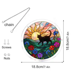 Stained acrylic sun catcher window hanging with black cat design, 18.8cm with chain and screws.
