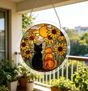 Acrylic cat suncatcher window hanging ornament with colorful sunflowers, perfect for home decor.