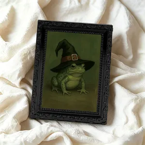 Vintage frog photo frame magnetic refrigerator sticker, funny witch hat animal decor.