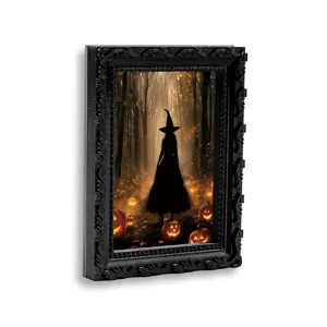 Detailed view of Halloween 3D magnetic photo frame with spooky witch and glowing pumpkins.