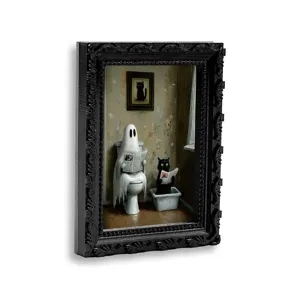 Gros plan détaillé du cadre photo aimant de réfrigérateur chat fantôme 3D Halloween.