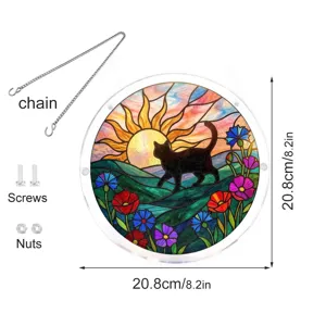 Acrylic cat suncatcher window hanging with chain and screws, colorful stained glass style decor.
