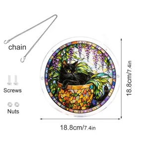 Stained glass black cat acrylic suncatcher hanging pendant with chain and screws.