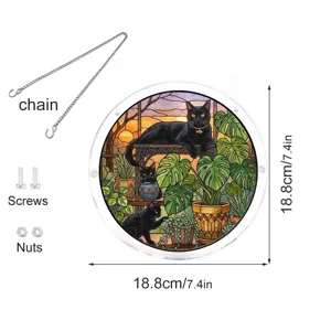 Acrylic black cat stained glass suncatcher window hanging with chain and screws 18.8cm