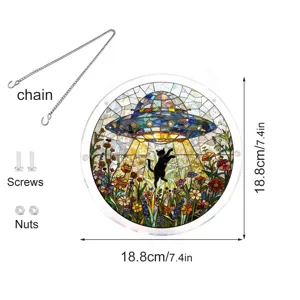 Acrylic cat UFO suncatcher detail showing hanging chain, screws, nuts, and 18.8cm size.