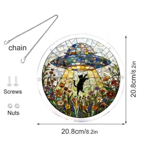 Acrylic stained glass cat UFO suncatcher with chain and screws, 20.8cm window hanging decor.