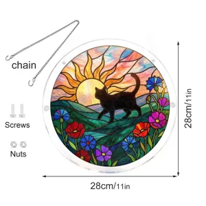 Acrylic stained glass black cat window hanging sun catcher detail view with chain and screws.