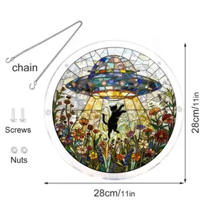 Stained acrylic UFO cat suncatcher hanging ornament 28cm with chain and screws for window.