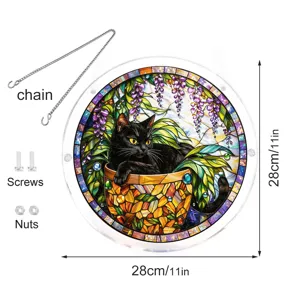 Stained glass style black cat acrylic suncatcher hanging ornament with chain 28cm