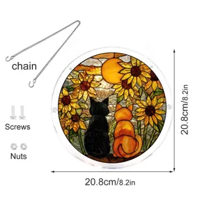 Stained acrylic cat sunflower suncatcher hanging window decor with chain and screws.