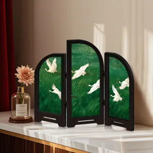 Detailed view of Chinese style mini acrylic folding screen desktop decoration with crane pattern.