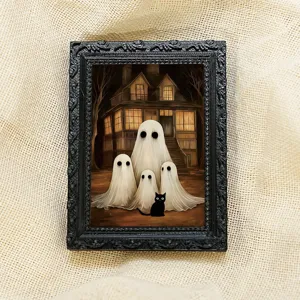 Detailed close-up shot of the spooky Halloween ghost decorative fridge magnet photo frame item.