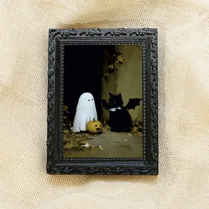 Cadre photo magnétique chat noir et fantôme d'Halloween 3D, design vintage, décoration idéale.