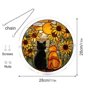 Acrylic cat sunflower suncatcher detail view, 28cm round window hanging with chain and screws.