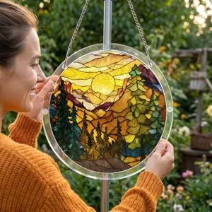 Close-up of circular stained glass style suncatcher puzzle hanging in bright garden setting.