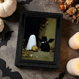 Gros plan du cadre photo aimanté chat et fantôme d'Halloween, accessoire décoratif de fête.
