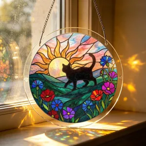 Acrylic black cat suncatcher window hanging decor with vibrant stained glass style.