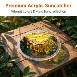 Detailed view of the round acrylic suncatcher showcasing vibrant forest and sunset colors.