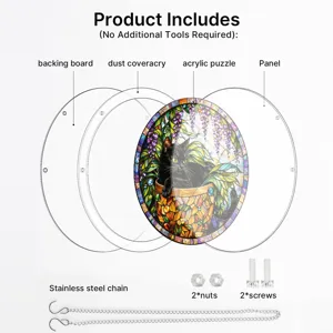 Acrylic cat suncatcher component diagram with hanging chain, screws, backing board and panel.